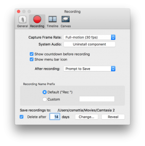 Camtasia for Mac Preferences window